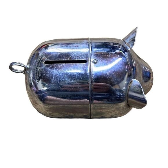 Silver Vintage Metal Tin Chrome Small Piggy Bank 4" - Picture 3 of 7